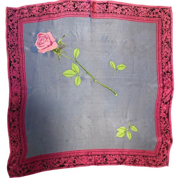 VTG 1950s "A Rose" Silk Charmeuse Scarf 30" Square Gorgeous Pink & Gray - Picture 2 of 5